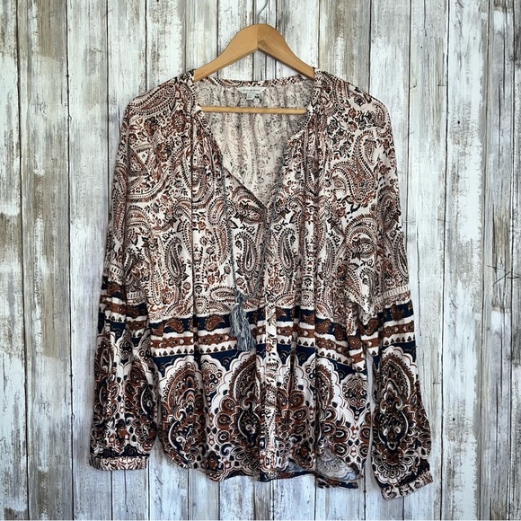 Lucky Brand Brown Boho Tie Neck Peasant Blouse - Picture 1 of 6